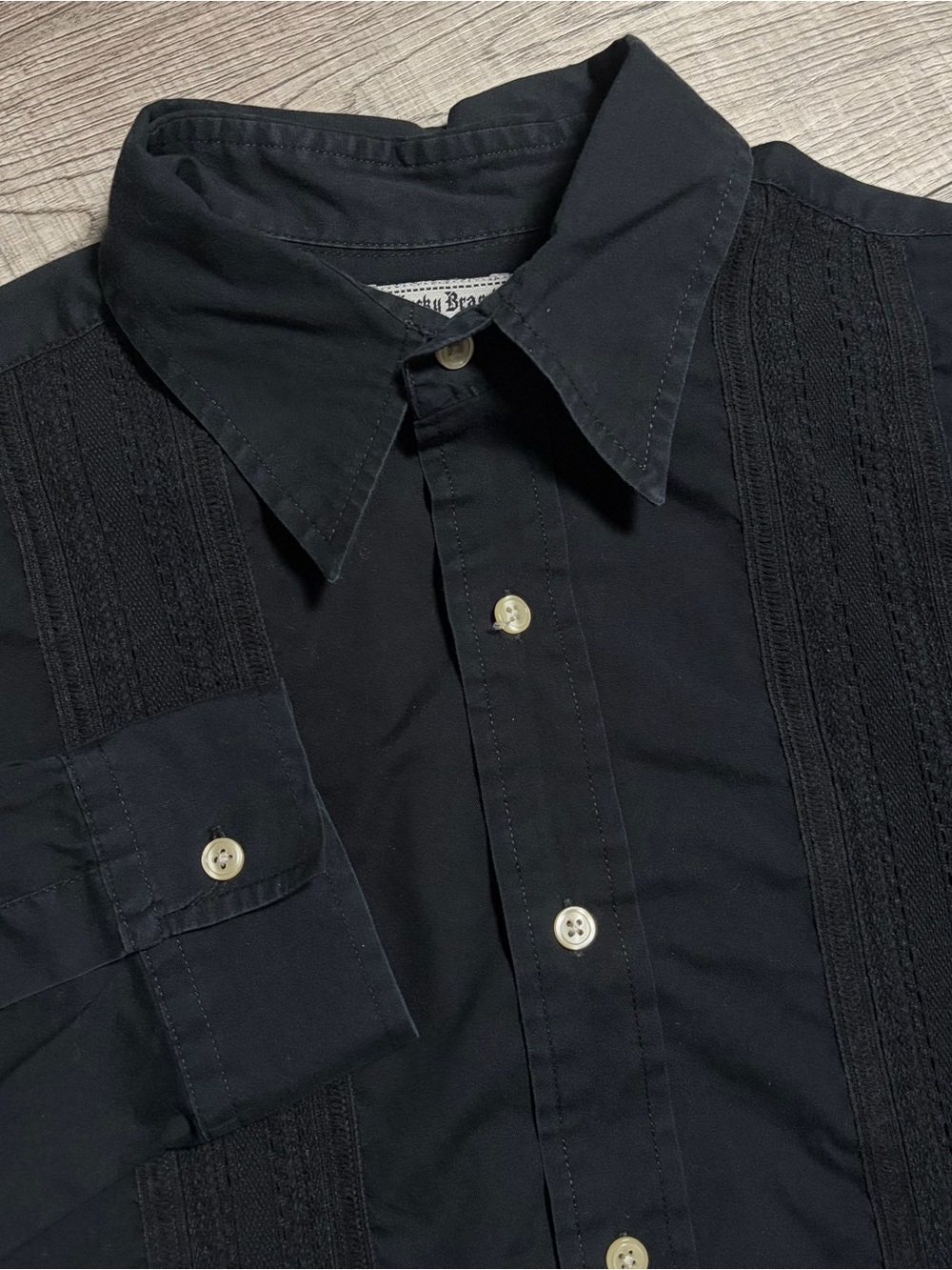 Lucky Brand Long Sleeve Button Up Shirt Size L Black Guayabera Textured Panels